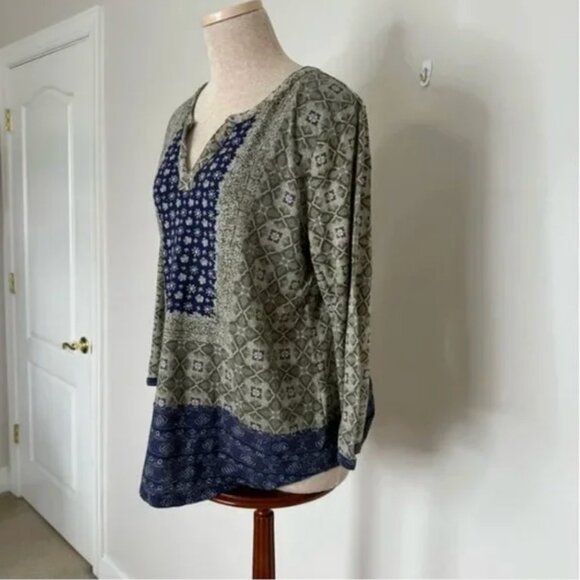 Lucky Brand Boho Print Split Neck Popover Blue and Olive Long Sleeve Size Large - Picture 4 of 8